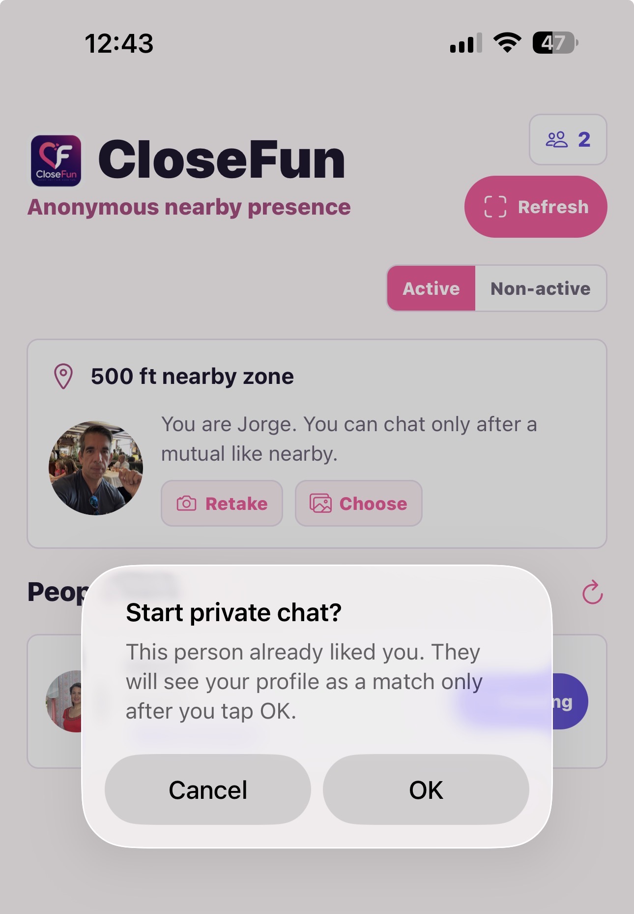 CloseFun mutual match screen